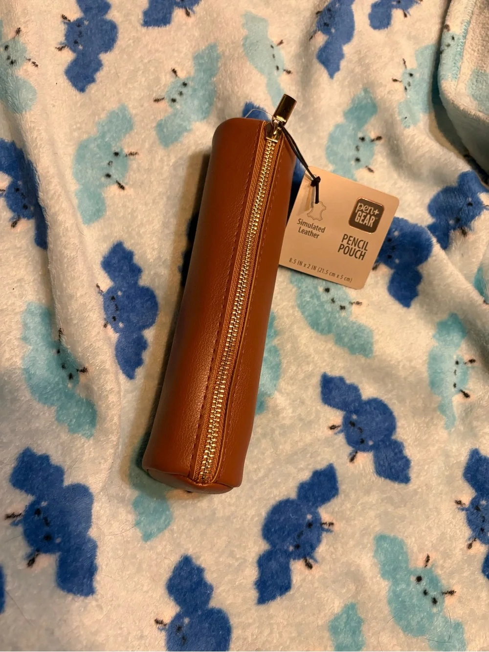 Pen+Gear Simulated Leather Pencil Pouch - Brown with Gold Zipper